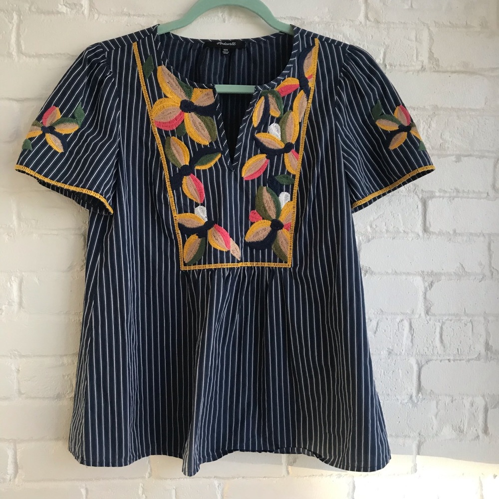 Madewell XXS Striped Short Sleeve Blouse floral